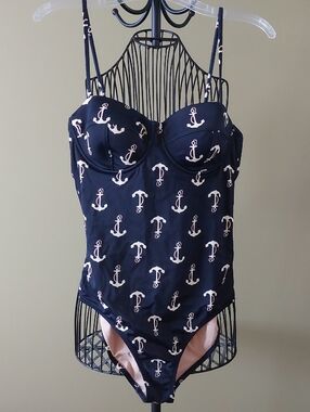 J. Crew Navy One-Piece Swim with Pink Anchor Motif